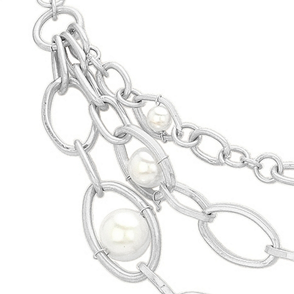 Layered Silver & White Pearl Necklace Chain Link Oval Metal Statement Jewelry - Picture 4 of 4